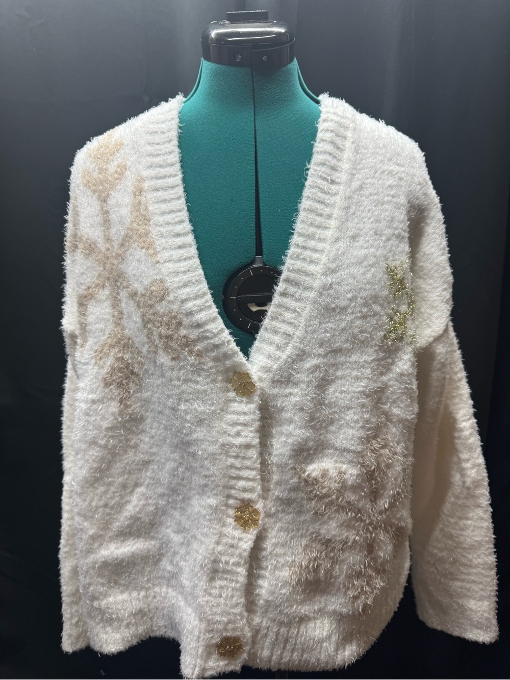 Plush White Fuzzy Cardigan with Subtle Gold Accents